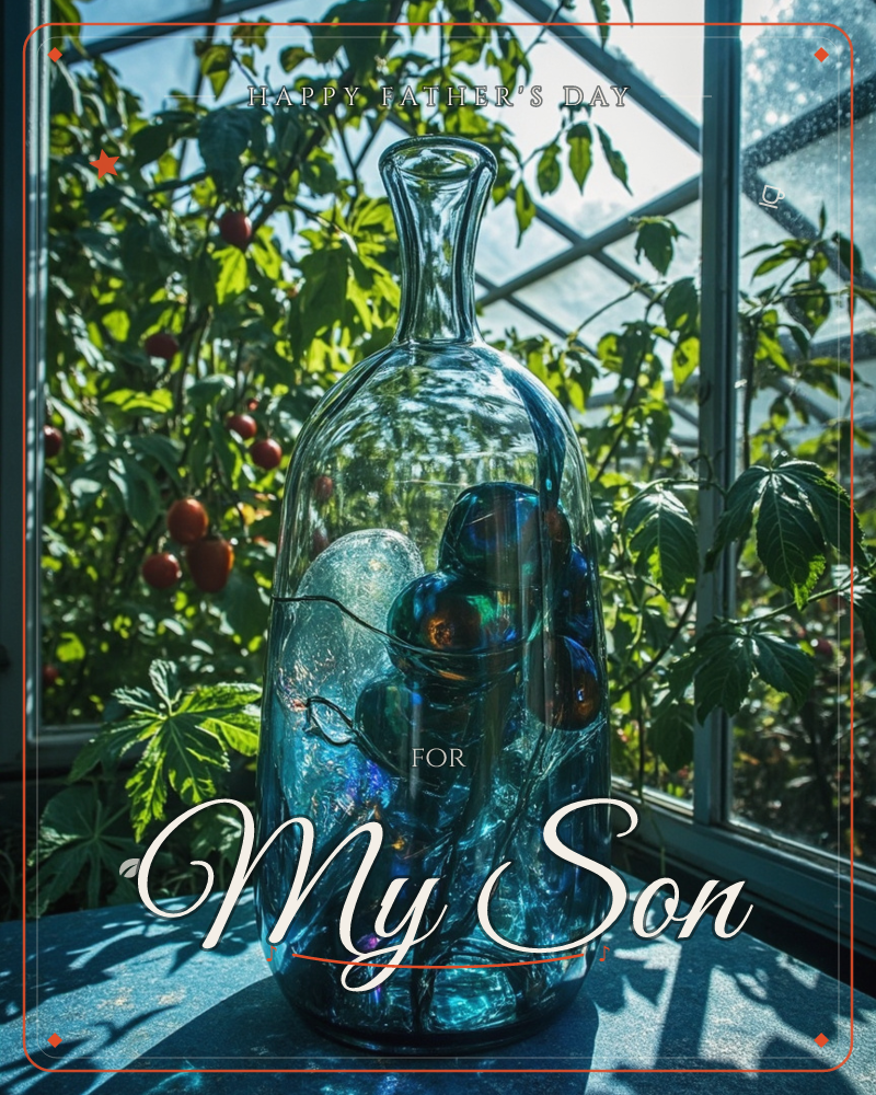 A tall glass bottle swirled with iridescent blue and copper glass sits on a table inside a greenhouse, sunlight catching its curved neck, a fathersday e-card design