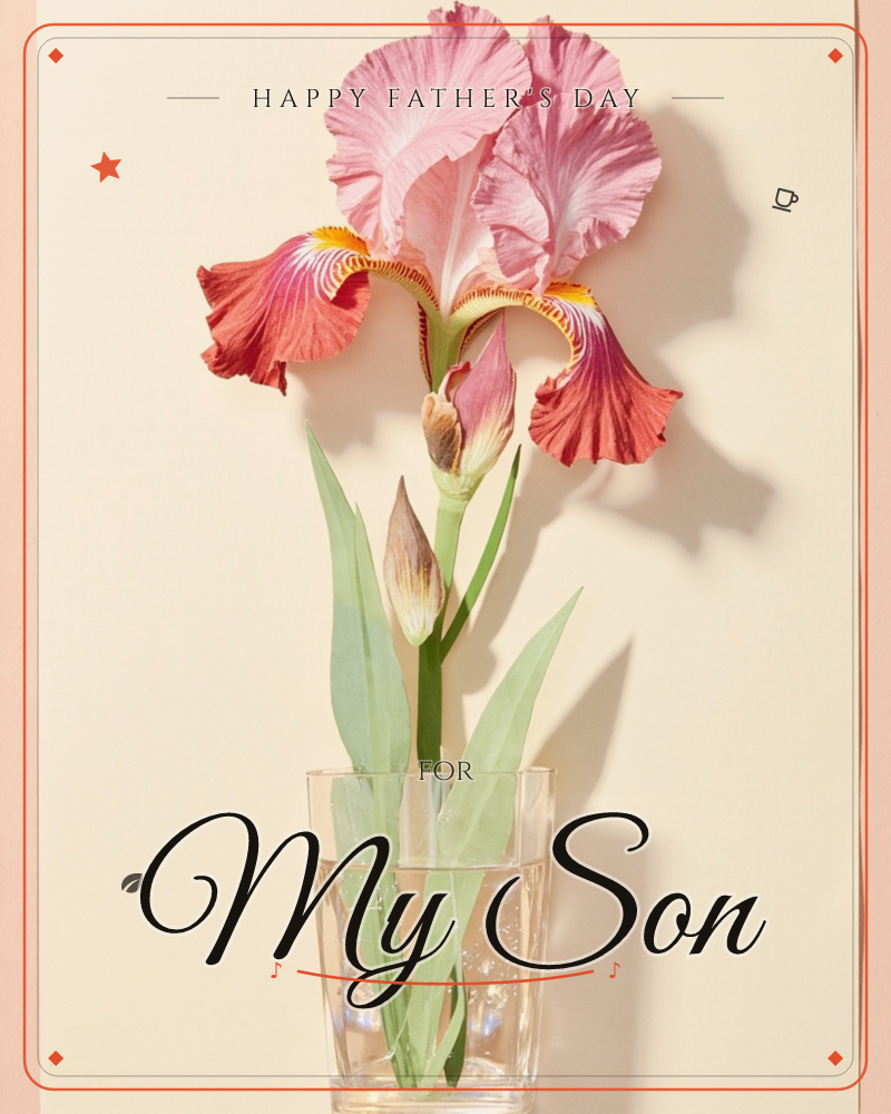 A single iris stands in a small glass tumbler of water, its ruffled pink upper petals and coral-red lower petals catching a strong side light that…, a fathersday e-card design