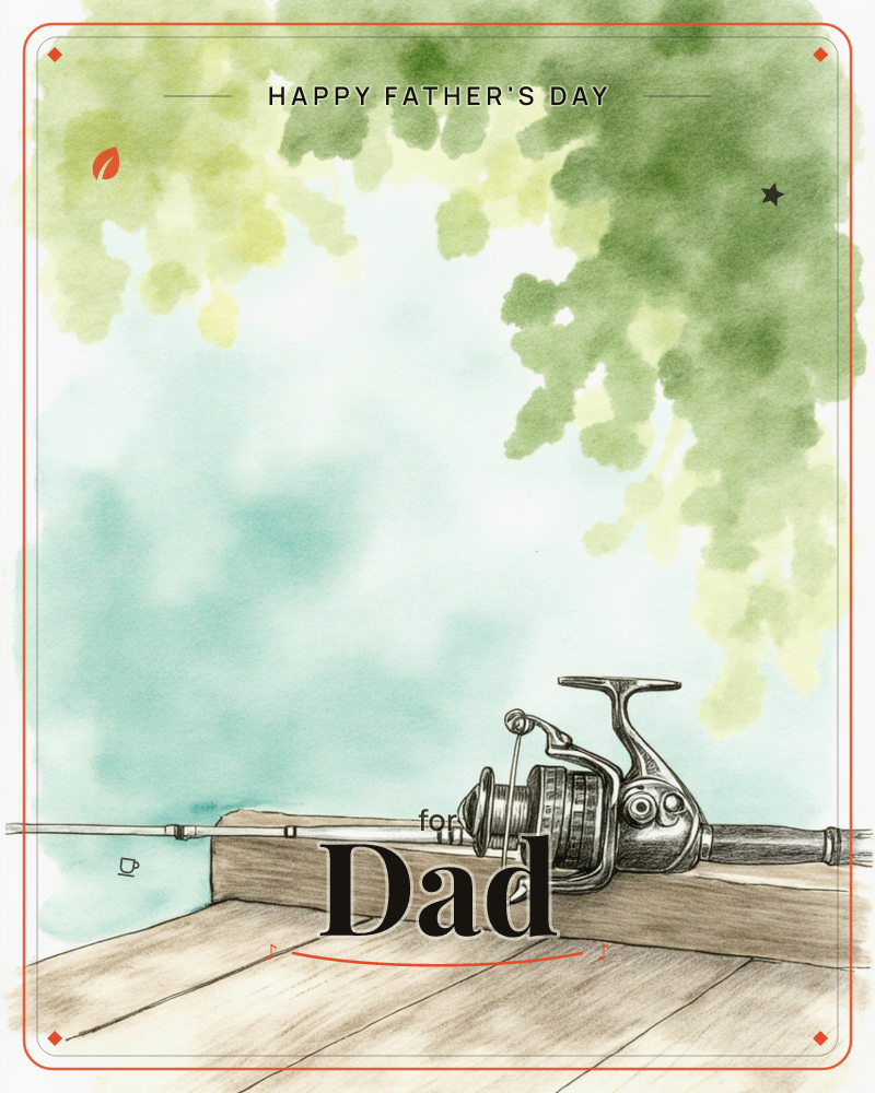 A fishing rod and reel rest on a weathered wooden dock, drawn in careful pen-and-ink detail against a loose watercolour wash of pale turquoise water…, a fathersday e-card design