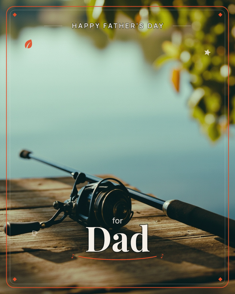 A fishing rod and reel rest across a weathered wooden dock, still water stretching soft and pale behind it, a fathersday e-card design