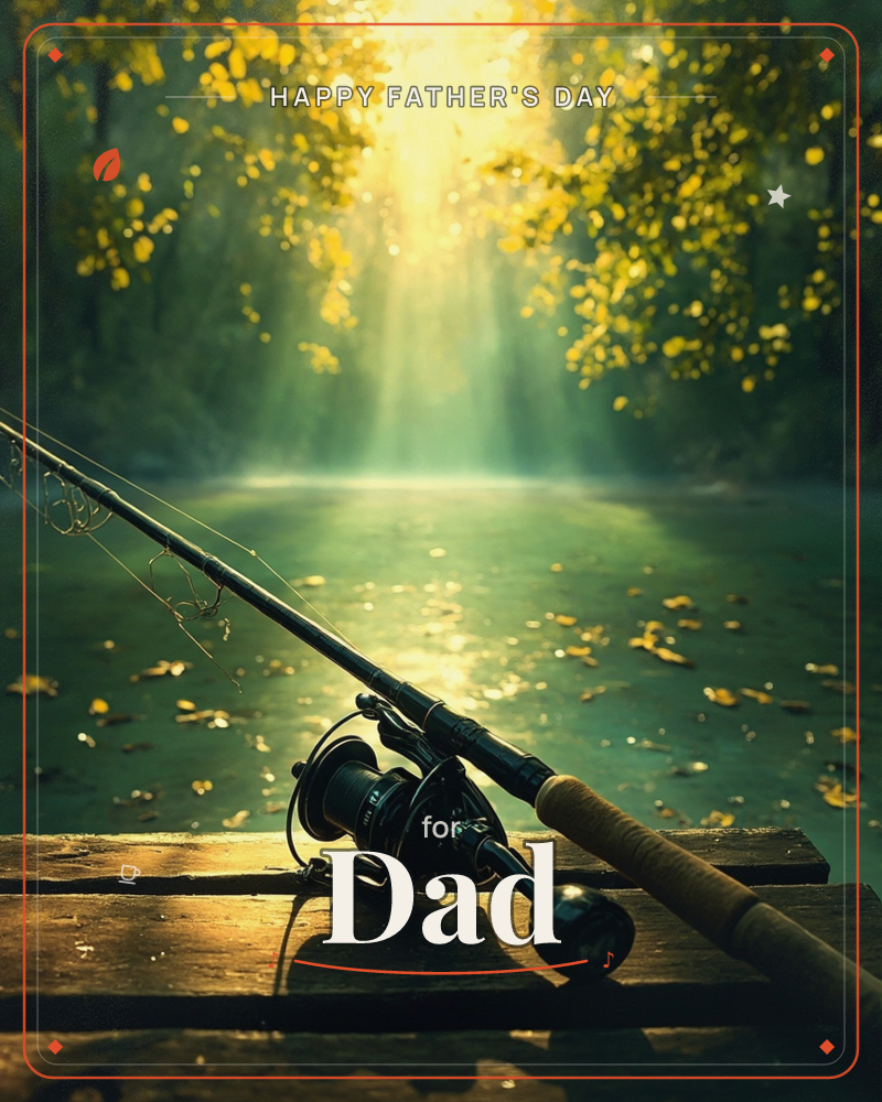 A fishing rod and spinning reel rest on a wooden dock, angled toward a still green river dotted with fallen leaves, a fathersday e-card design