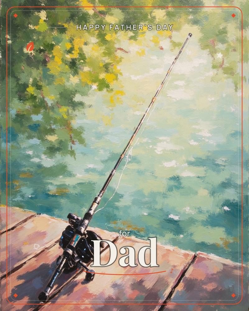 A fishing rod and reel rest propped on a sun-warmed wooden dock, the line trailing toward a shimmering green lake dappled with light, a fathersday e-card design