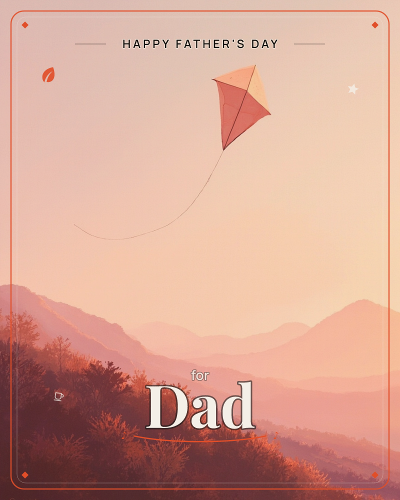 A single diamond kite hangs high above layered mountain ridges, its long tail curling loosely against a sky washed in peach and rose, a fathersday e-card design