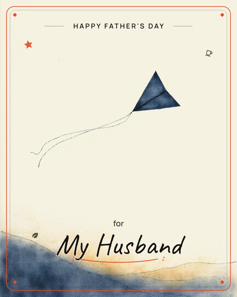 A single navy triangular kite drifts high above a soft rolling hill, its thin tails trailing loose curls in the pale sky, a fathersday e-card design