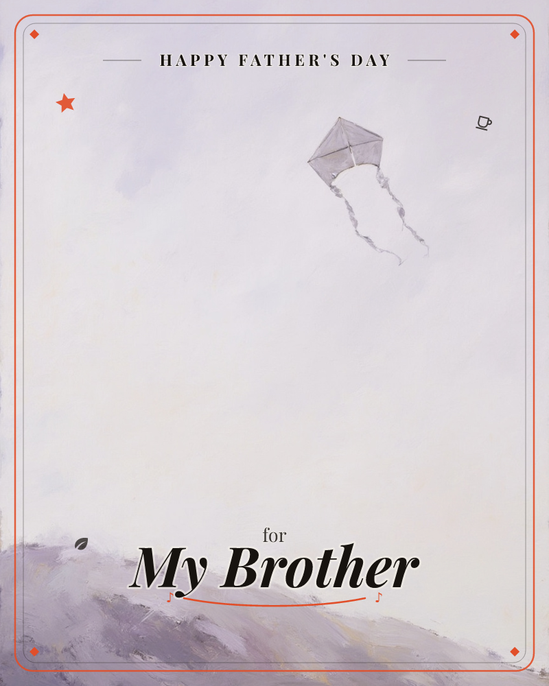 A single diamond kite drifts high above a pale, rolling hill, its two ribboned tails curling in the wind, a fathersday e-card design