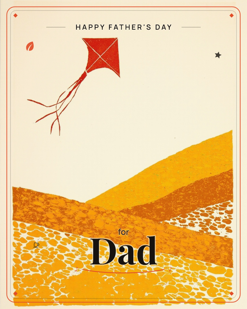 A single red diamond kite with a trailing ribbon tail floats above rolling golden hills rendered in a bold, textured print style, a fathersday e-card design