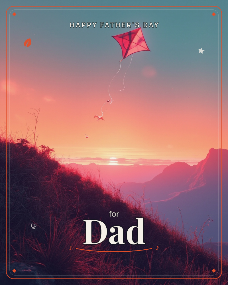 A red kite catches the last light high above a grassy mountain ridge, its long tail curling loose against a glowing sunset sky, a fathersday e-card design
