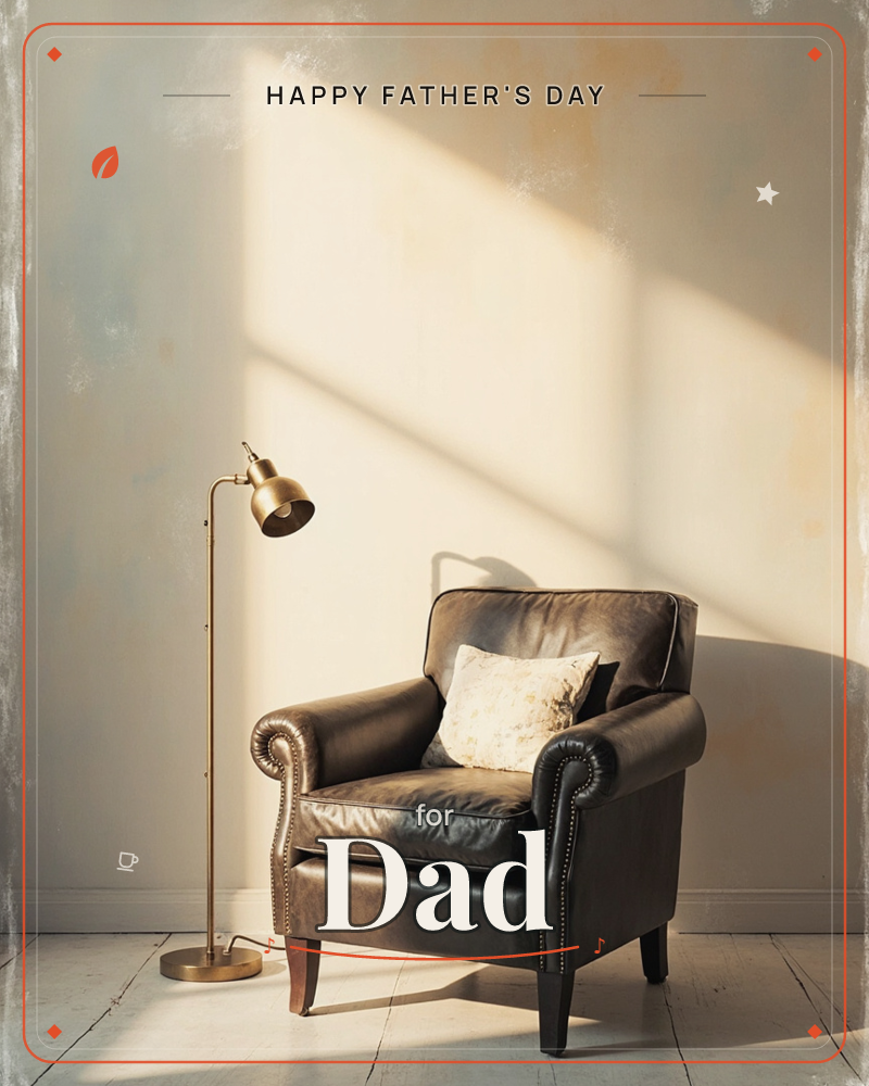 A worn leather armchair sits empty beside a brass floor lamp, catching a long diagonal beam of late afternoon sun across a bare wall, a fathersday e-card design