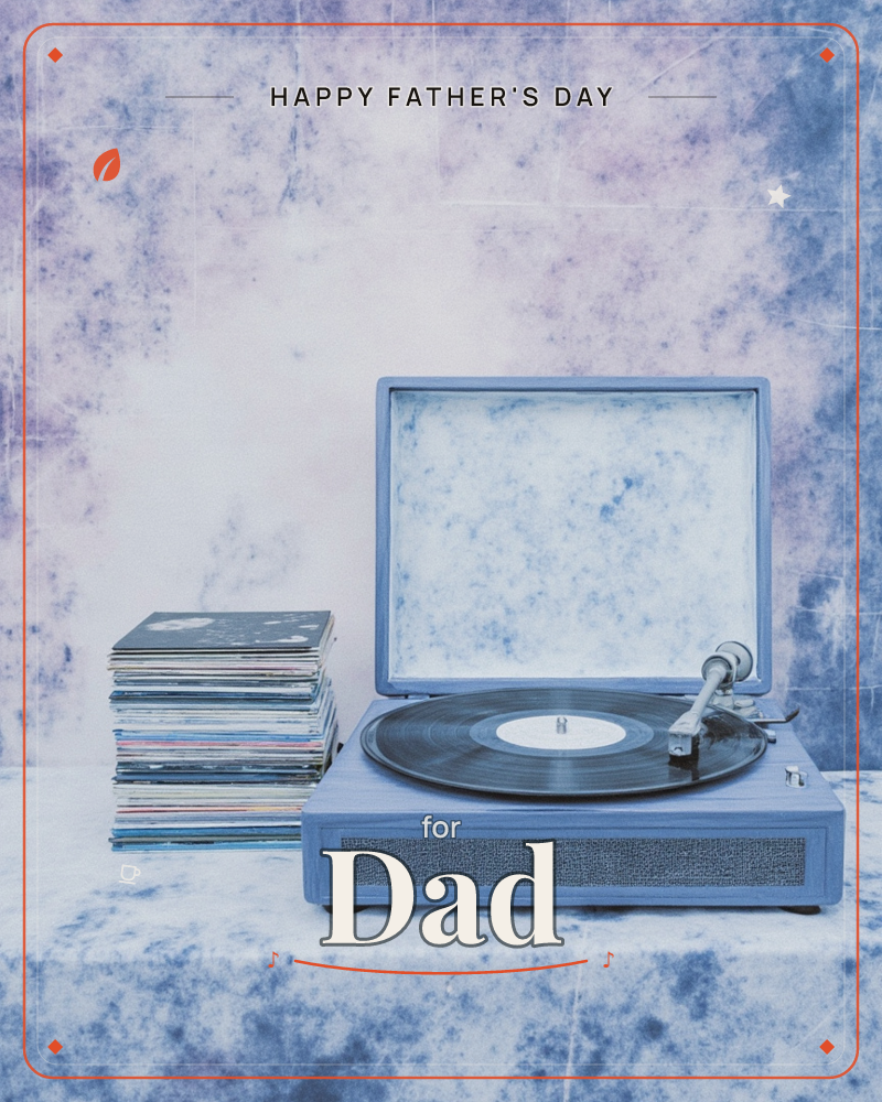 A vintage suitcase-style record player sits open with a vinyl spinning under its tonearm, a stack of well-worn records leaning beside it, a fathersday e-card design