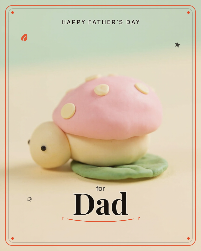 A tiny clay creature shaped like a mushroom-shelled turtle sits on a green leaf pad, its cream head poking out with two small black eyes, a fathersday e-card design