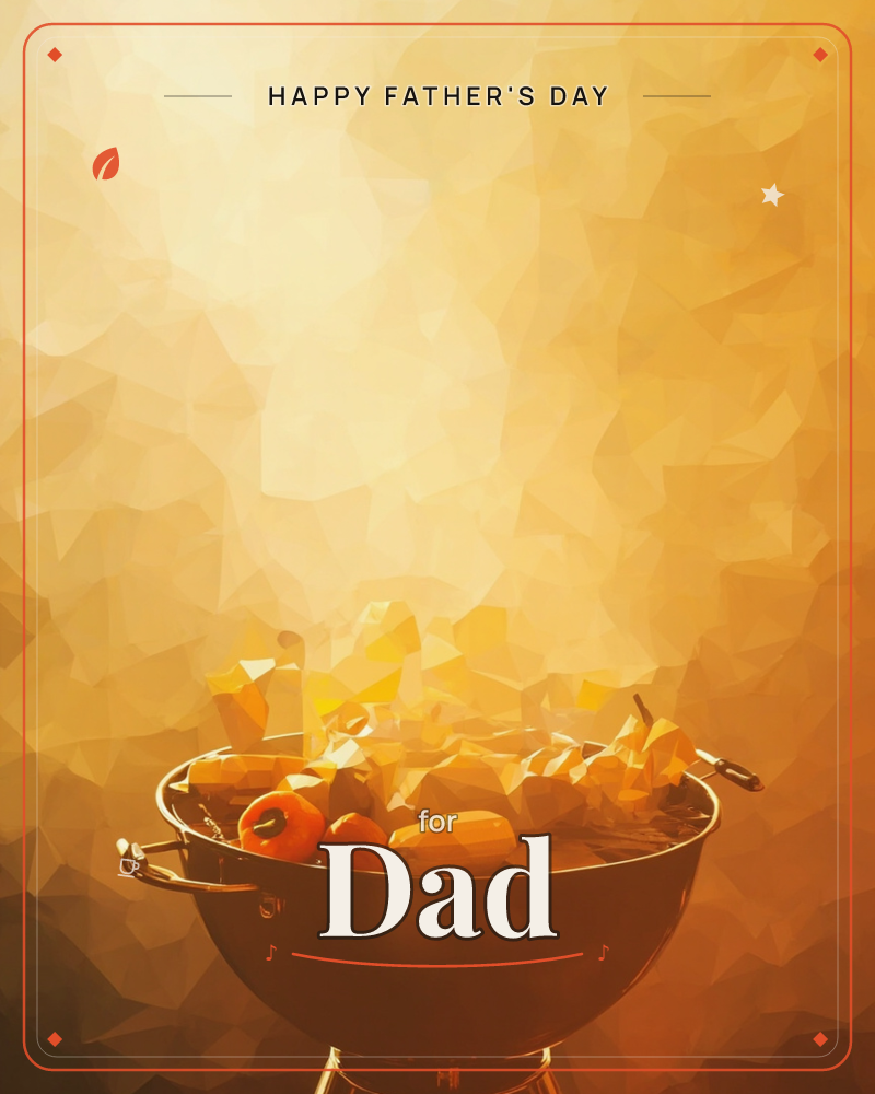 A round grill glows with faceted flames and skewers of vegetables rendered in low-poly shards of amber and orange, set against a warm haze of golden light, a fathersday e-card design