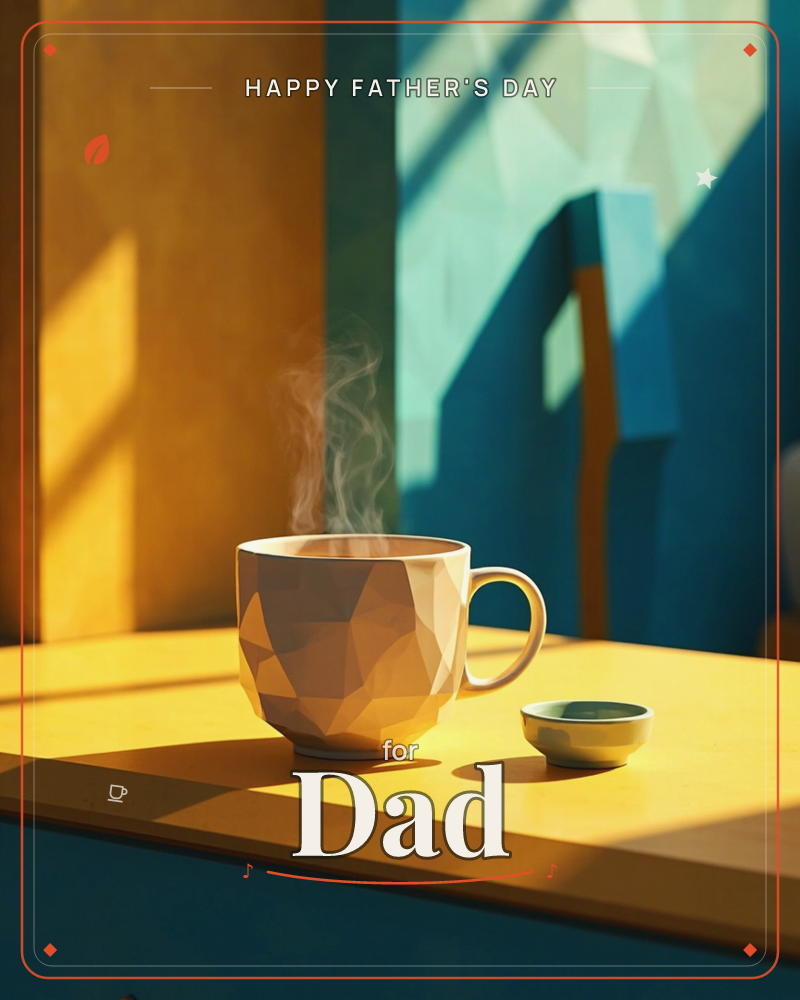 A faceted, low-poly mug of coffee sits on a sunlit table, steam curling upward against a backdrop of golden and teal wall panels, a fathersday e-card design