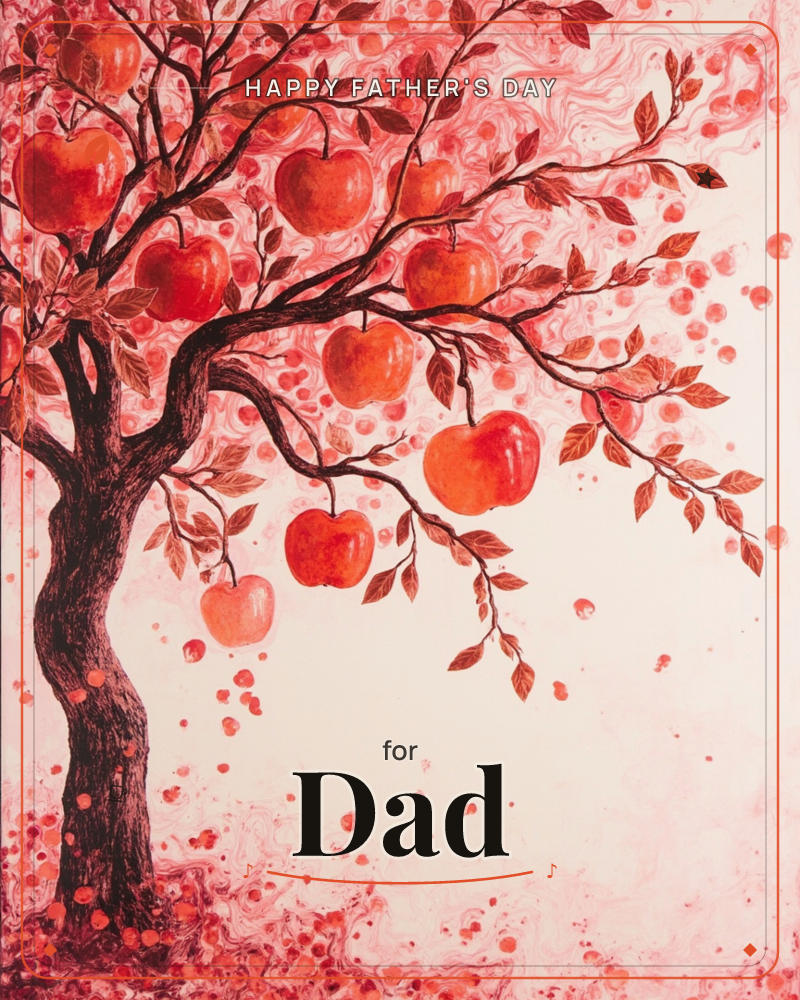 A dark, gnarled tree grows from the lower left, its branches heavy with glossy red apples set against a swirling pink-and-cream background, a fathersday e-card design