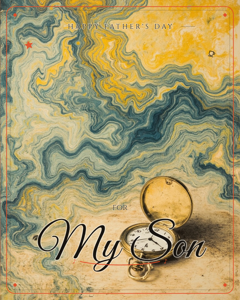 An open brass pocket watch sits on a weathered tan surface, its lid swung back to show a cream-coloured face and delicate hands, a fathersday e-card design