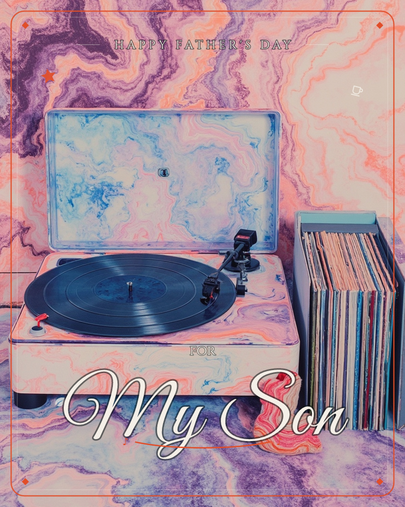 A record player sits mid-spin against a swirling marbled backdrop of pink, purple and blue, its lid and body painted with the same psychedelic pattern…, a fathersday e-card design
