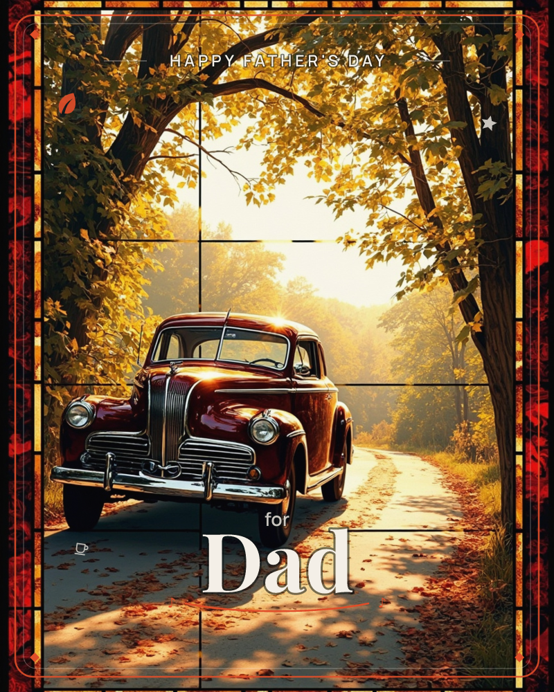 A gleaming maroon vintage car sits parked on a leaf-strewn country lane, framed by an arching canopy of golden autumn trees, a fathersday e-card design