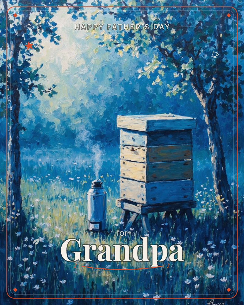A wooden beehive stands in a dappled orchard clearing, its stacked boxes painted in soft blues and yellows, with a metal smoker beside it sending up a…, a fathersday e-card design