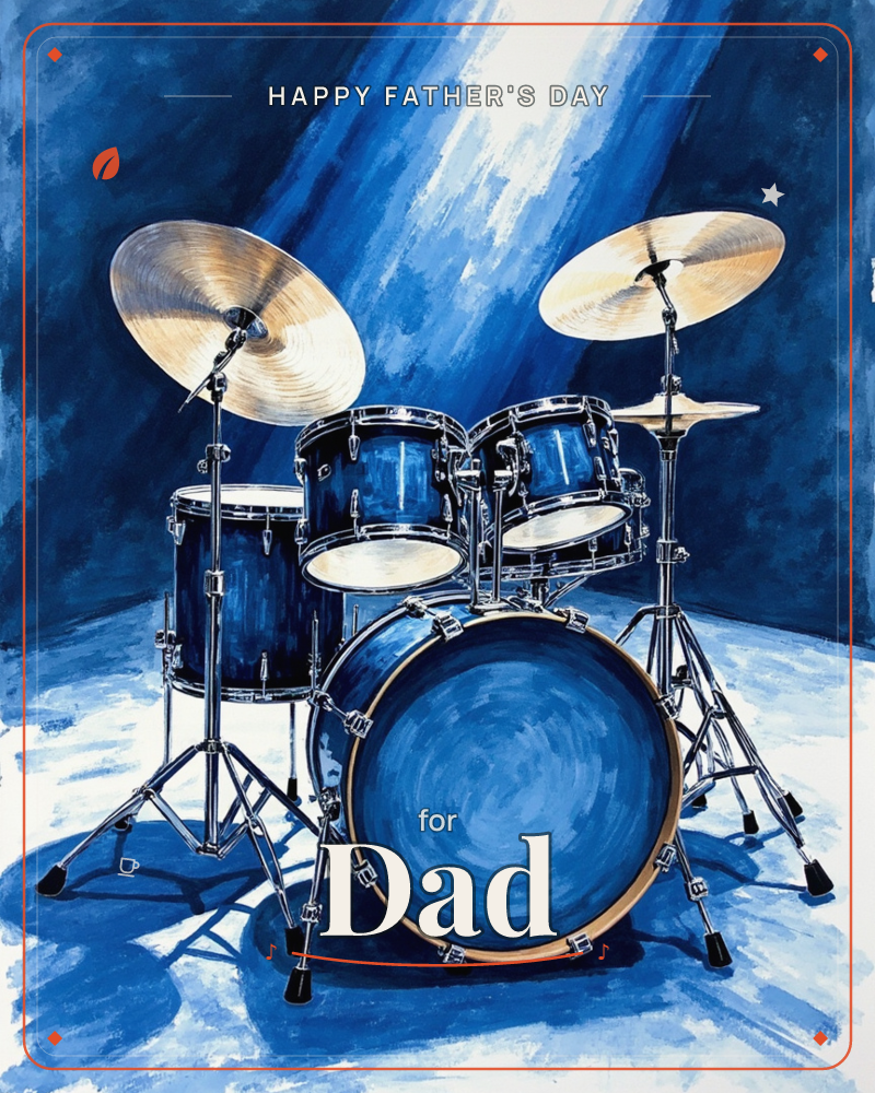 A full drum kit in deep sapphire blue sits under a sharp spotlight, its bass drum and toms glowing with painted highlights, a fathersday e-card design