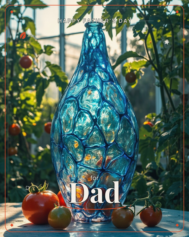 A tall blue textured-glass bottle catches the sunlight inside a greenhouse, its rippled surface glowing amber where light passes through, a fathersday e-card design