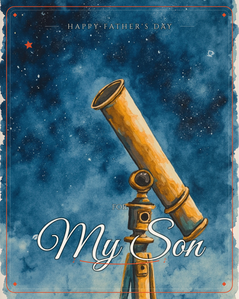 A brass telescope on its tripod stands angled upward against a deep indigo night sky scattered with tiny painted stars, a fathersday e-card design
