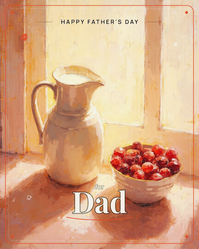 A creamy ceramic pitcher and a bowl of glossy red cherries sit on a sunlit windowsill, warm light streaming through the pane behind them, a fathersday e-card design