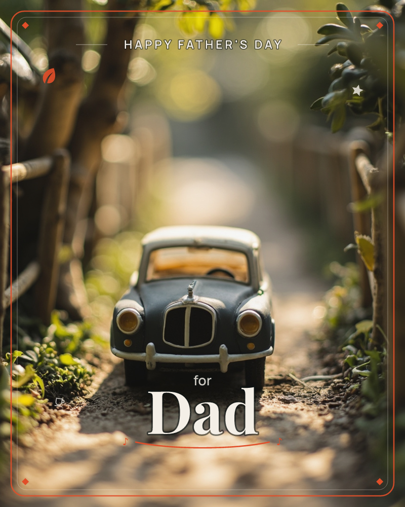 A vintage toy car with a glossy black body and cream roof sits parked on a garden path, framed by miniature bamboo fences and greenery, a fathersday e-card design
