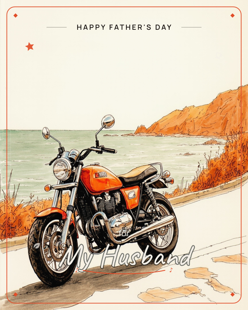 A vintage orange motorcycle sits parked on a coastal road, facing a pale green sea and rugged rust-colored cliffs, a fathersday e-card design
