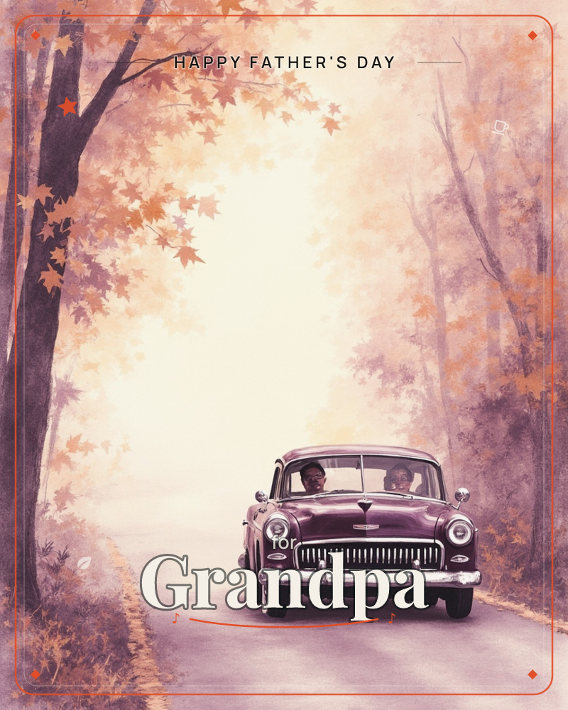 A vintage maroon car drives down a misty, tree-lined road with two people visible through the windshield, a fathersday e-card design