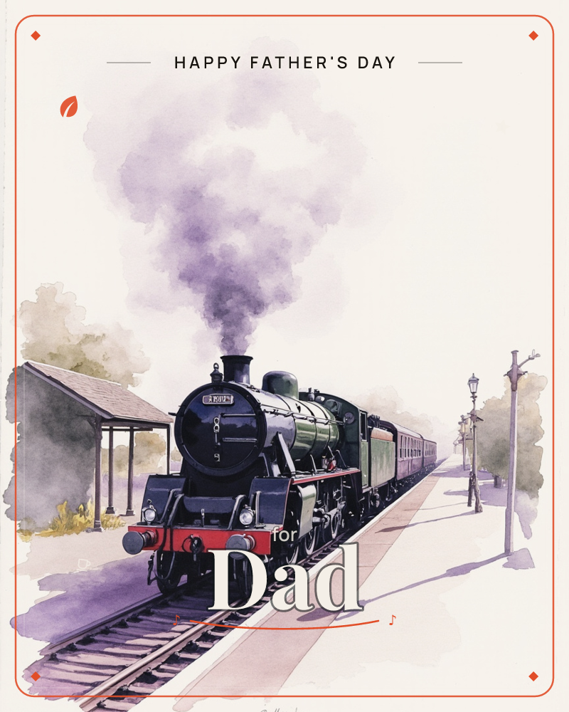 A vintage green steam locomotive pulls into a quiet countryside platform, its funnel sending up a great plume of soft grey-purple smoke against a pale sky, a fathersday e-card design