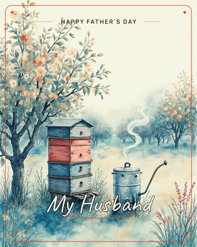 A stacked beehive in weathered blue and red paint sits beneath a blossoming tree, its metal smoker curling a thin trail of smoke into the misty air, a fathersday e-card design