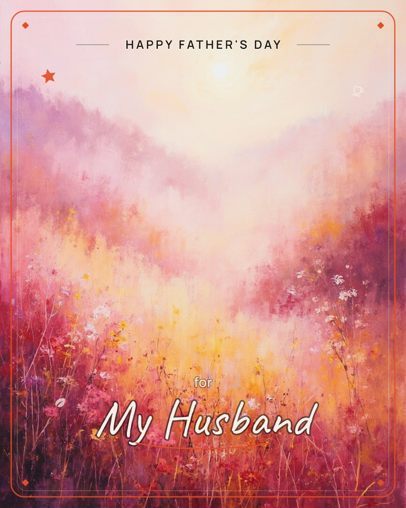 A hazy valley glows under a pale sun, its light dissolving into soft pink and violet mountains, a fathersday e-card design