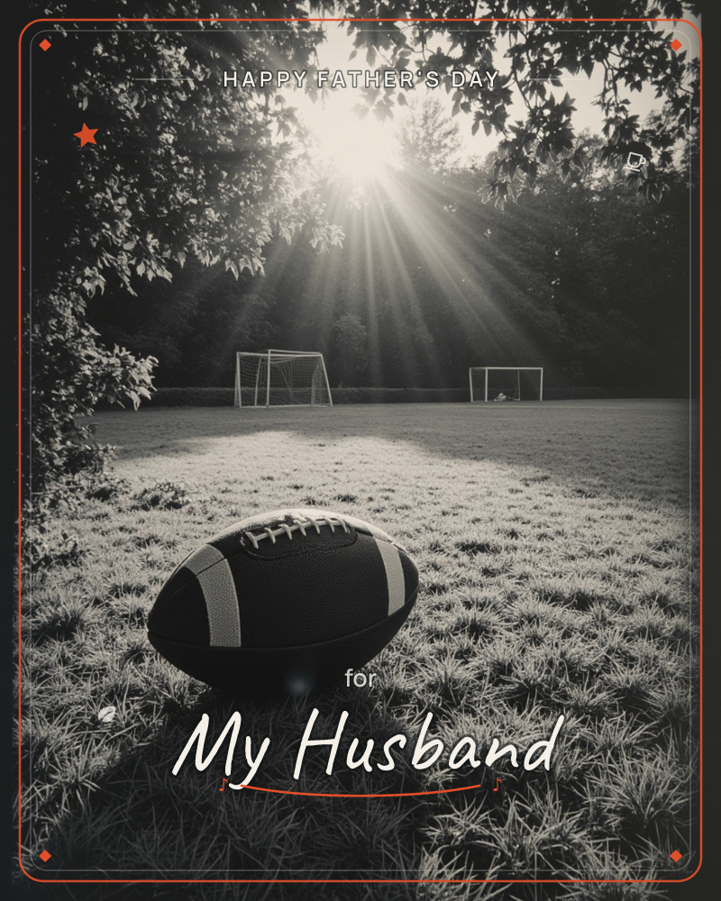 A football rests in dewy grass at the edge of an empty sports field, framed by overhanging tree branches, a fathersday e-card design