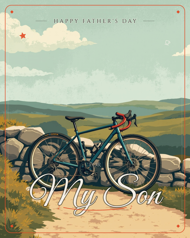 A teal gravel bike leans against a low stone wall on a hilltop path, its red handlebar tape catching the light, a fathersday e-card design