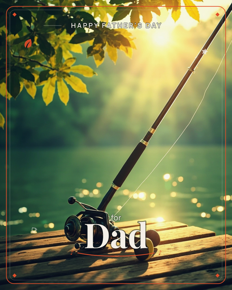 A fishing rod and reel rest propped against a wooden dock rail, overhanging leaves framing the top of the shot as sunlight breaks through the trees…, a fathersday e-card design