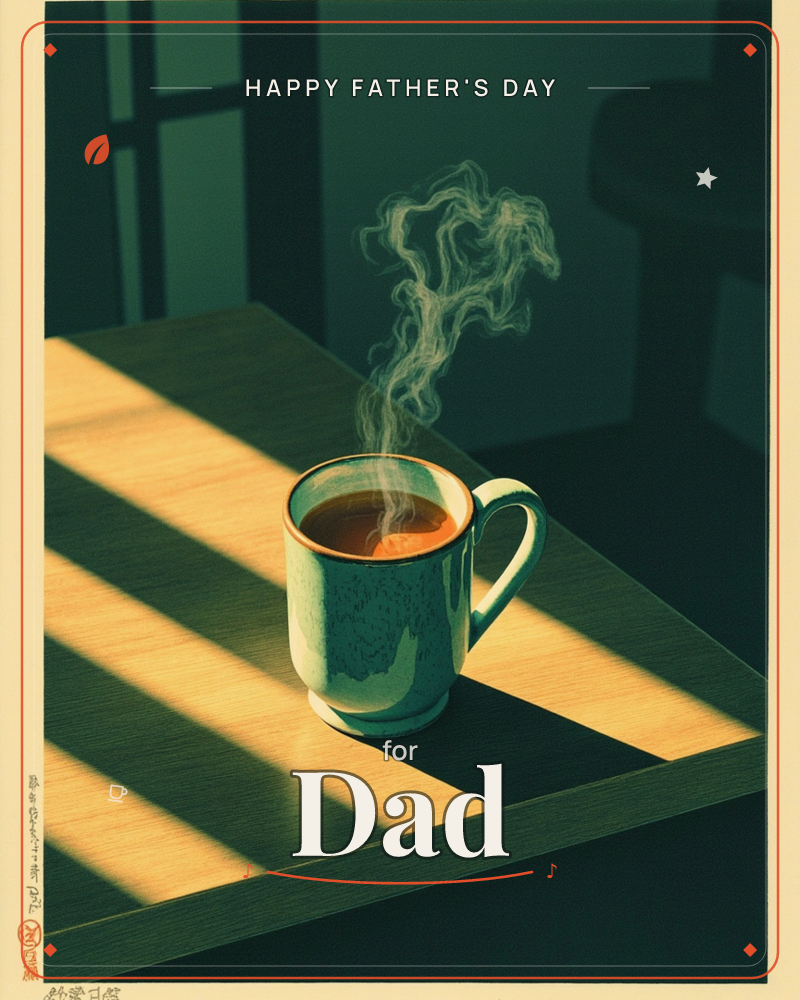 A ceramic mug of steaming tea sits on a wooden table, caught in bars of early morning sunlight slanting through unseen window blinds, a fathersday e-card design