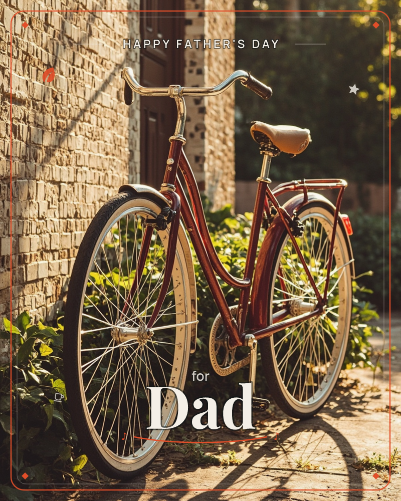 A vintage-style maroon bicycle leans against a stone brick wall beside a wooden door, its cream tires and leather seat catching warm late-afternoon…, a fathersday e-card design