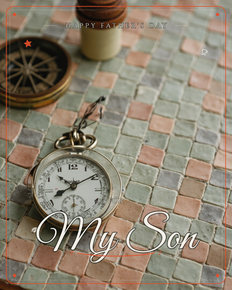 A vintage brass pocket watch with a white enamel face lies open on a mosaic tile surface of muted sage, dusty pink and grey squares, with an old…, a fathersday e-card design