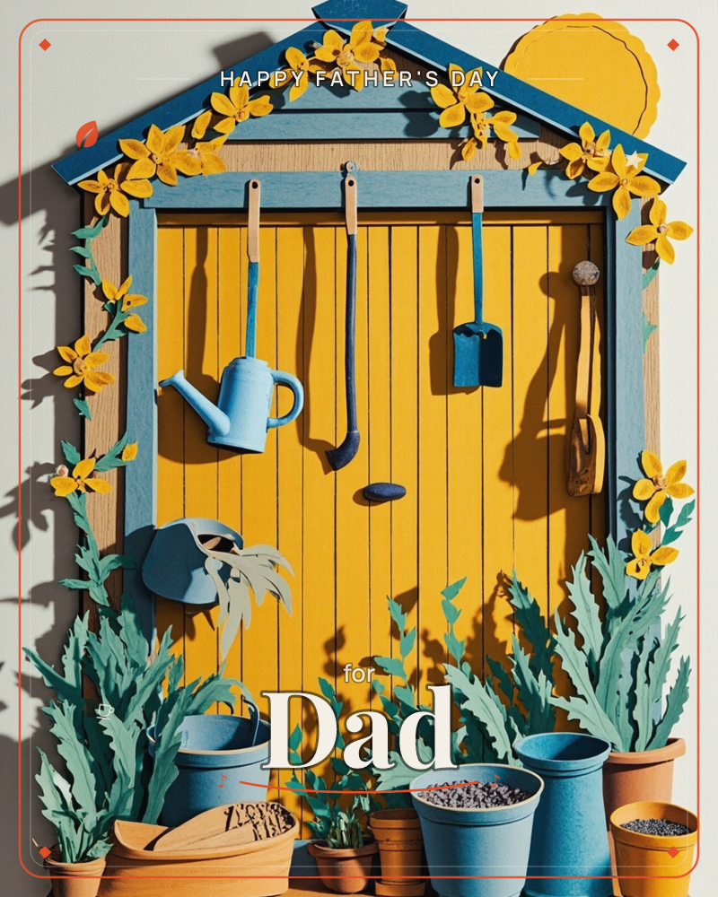 A paper-craft garden shed with a mustard-yellow door and blue-tiled roof, hung with a watering can, trowel and hand tools cut from layered card, a fathersday e-card design