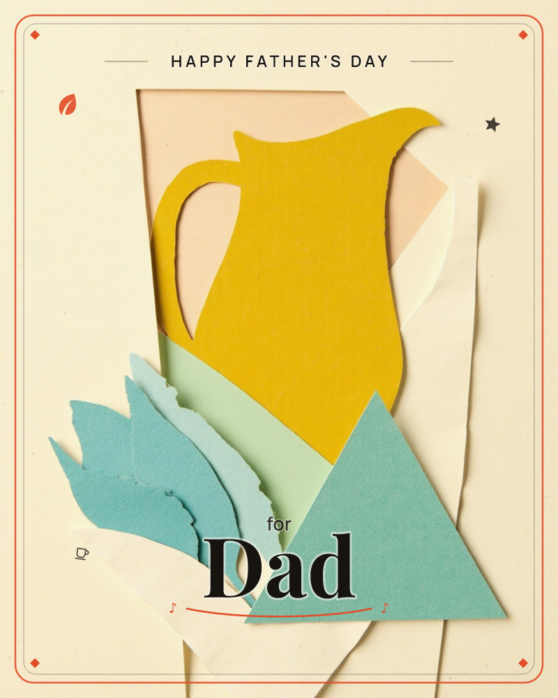 A paper-cut still life shows a mustard-yellow jug silhouette layered over a peach backdrop, with torn cream edges giving it a handmade, dimensional feel, a fathersday e-card design
