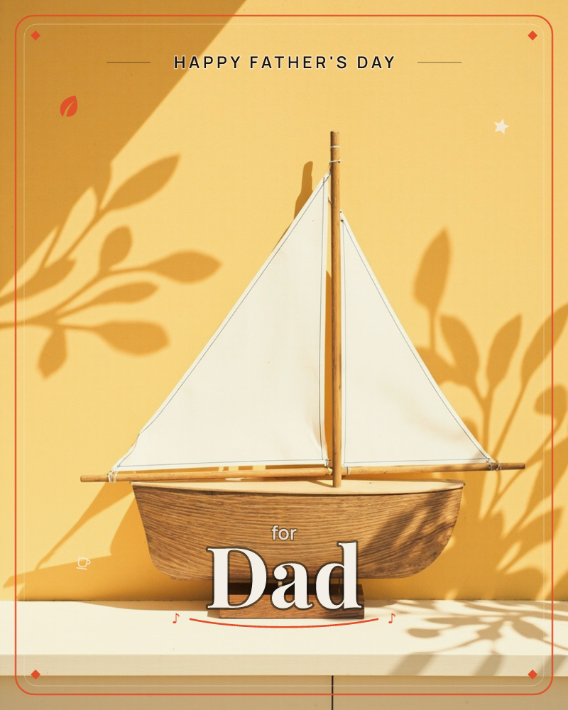 A wooden model sailboat with canvas-white sails sits on a stand against a warm mustard-yellow wall, late sun throwing long leafy shadows across the…, a fathersday e-card design