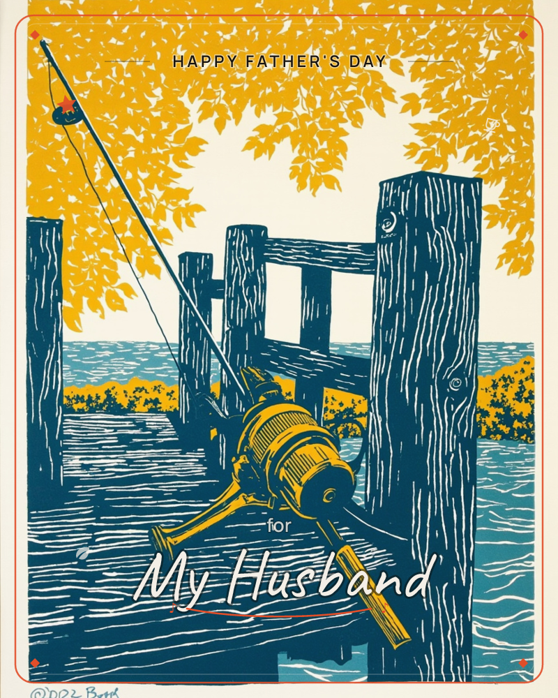 A linocut-style print shows a fishing rod and reel propped against weathered wooden dock posts, golden autumn leaves arching overhead against a pale sky, a fathersday e-card design
