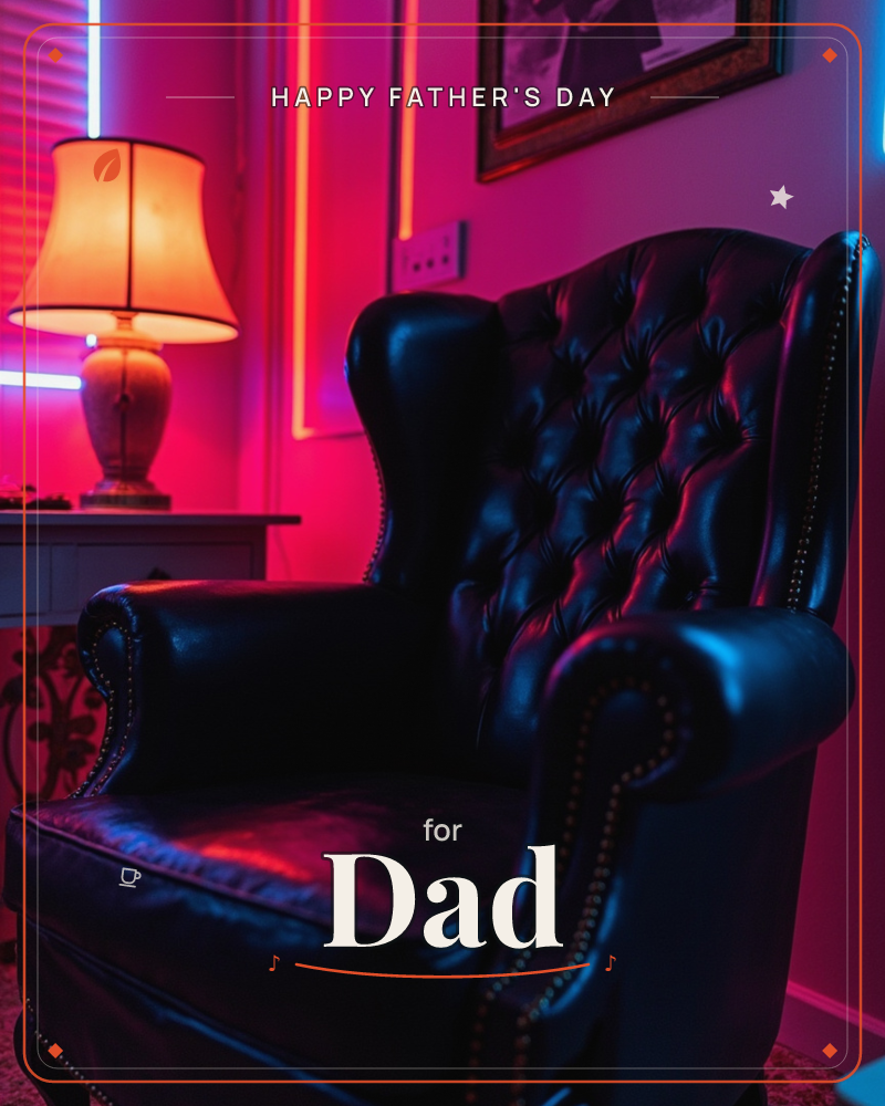 A tufted black leather wingback chair sits in a moody room lit by pink and red neon strips, with a warm lamp glowing beside a shuttered window, a fathersday e-card design