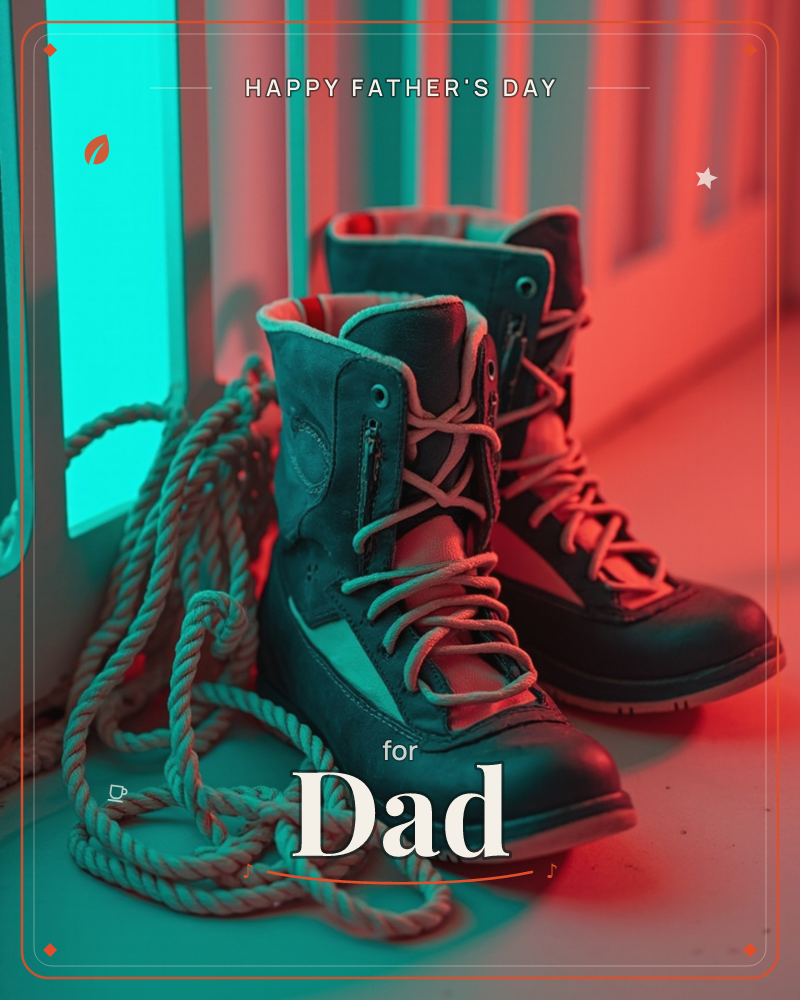 A pair of sturdy lace-up boots sits on a floor beside a coil of thick rope, lit dramatically with one side bathed in teal-cyan light and the other…, a fathersday e-card design