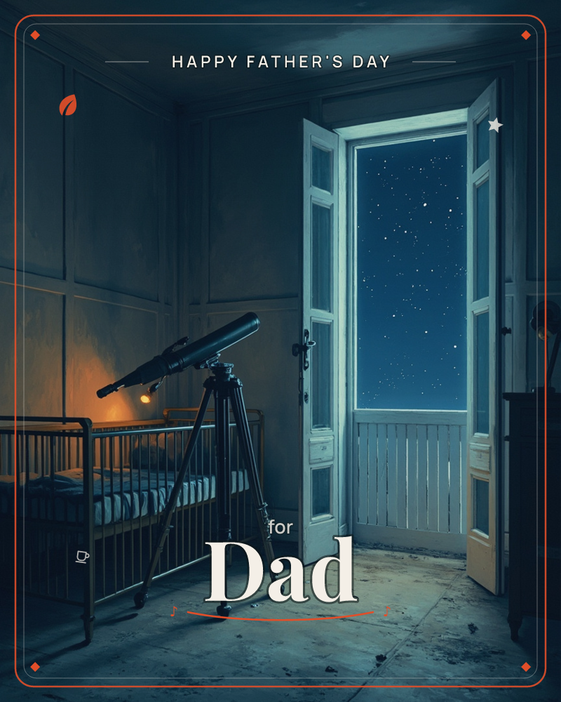 A dim, panelled room at night holds an old-fashioned crib beside a tall telescope on its tripod, aimed toward open French doors, a fathersday e-card design