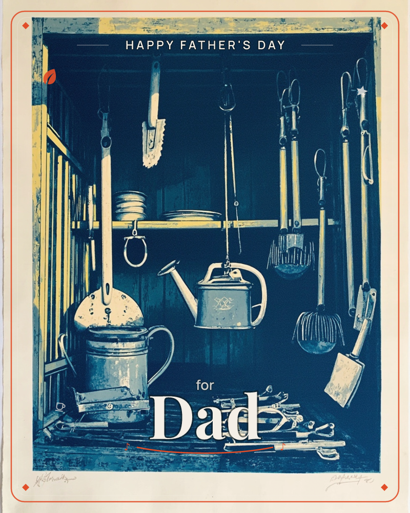 A woodcut-style print of a rustic garden shed interior, deep indigo shadows lit by streaks of ochre where sunlight hits the shelf and doorframe, a fathersday e-card design