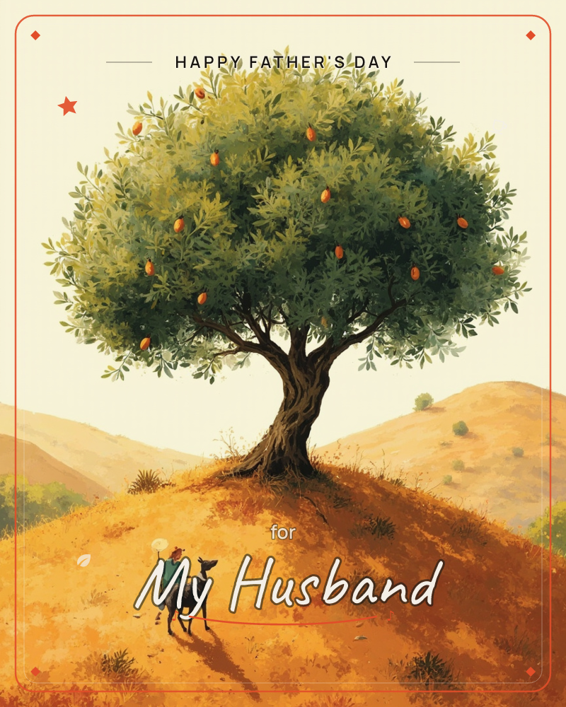 A lone fruit tree crowns a golden hillside, its round canopy heavy with small orange fruit against a pale sky, a fathersday e-card design