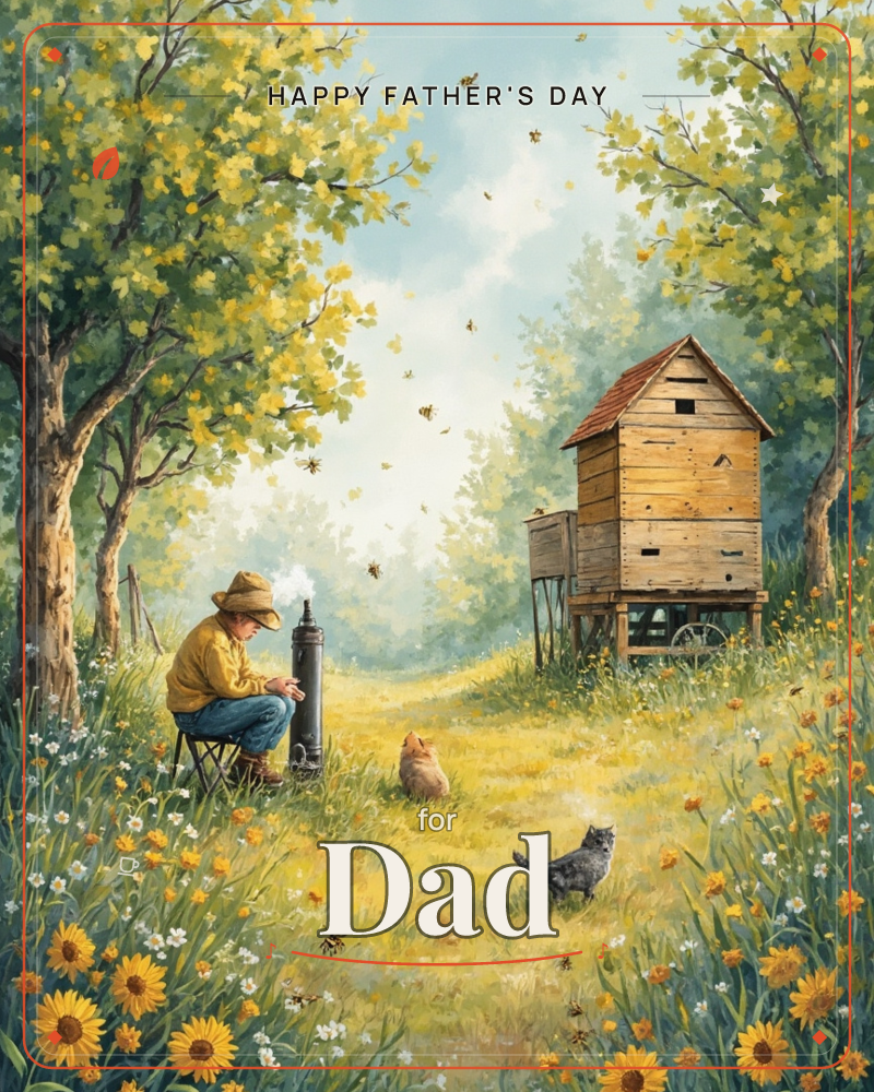 A beekeeper in a wide-brimmed hat sits on a low stool holding a smoker, tending a tall wooden hive tucked among sunlit trees, a fathersday e-card design
