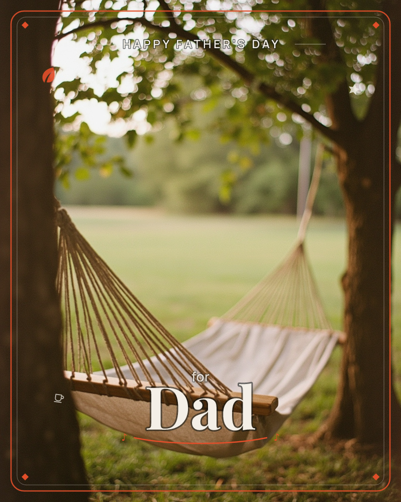 A cream canvas hammock hangs strung between two trees, its rope ends fanning out like sunbeams against soft dappled light, a fathersday e-card design