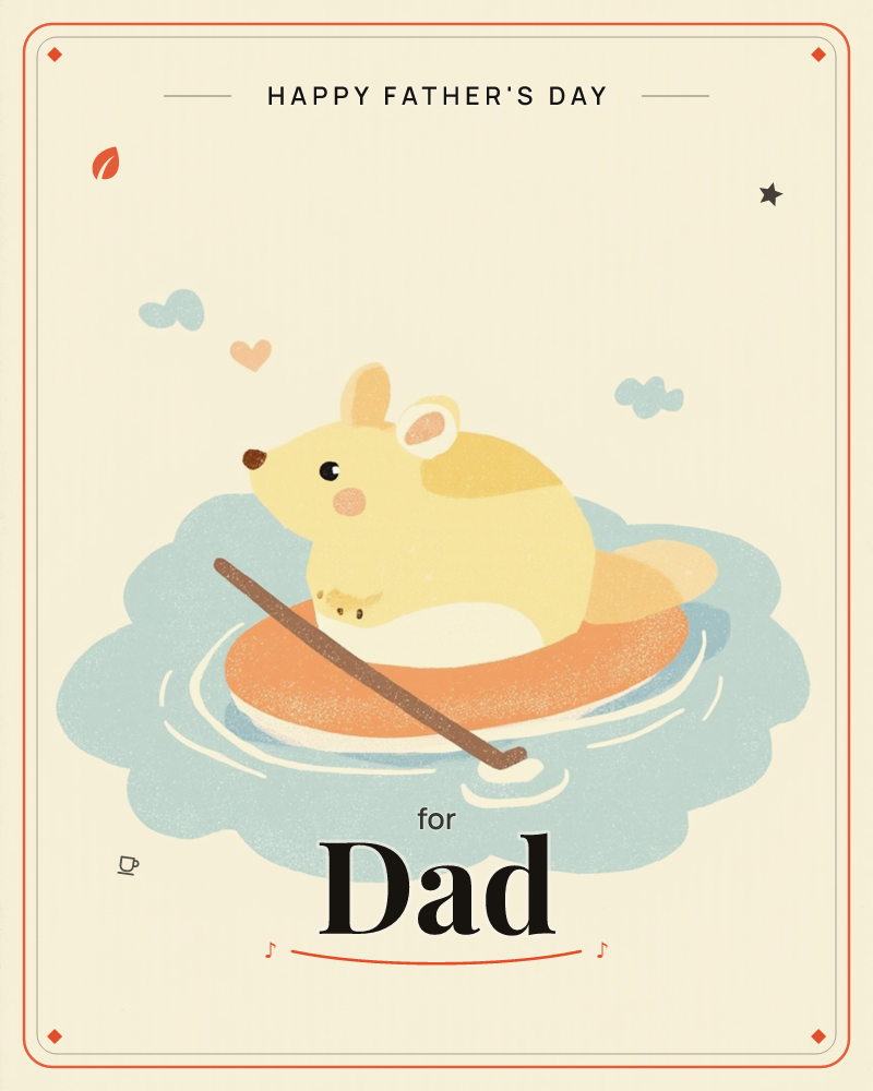 A round-cheeked yellow mouse floats on a scalloped orange inner tube, paddling with a slim wooden stick across a puddle-shaped patch of blue water, a fathersday e-card design