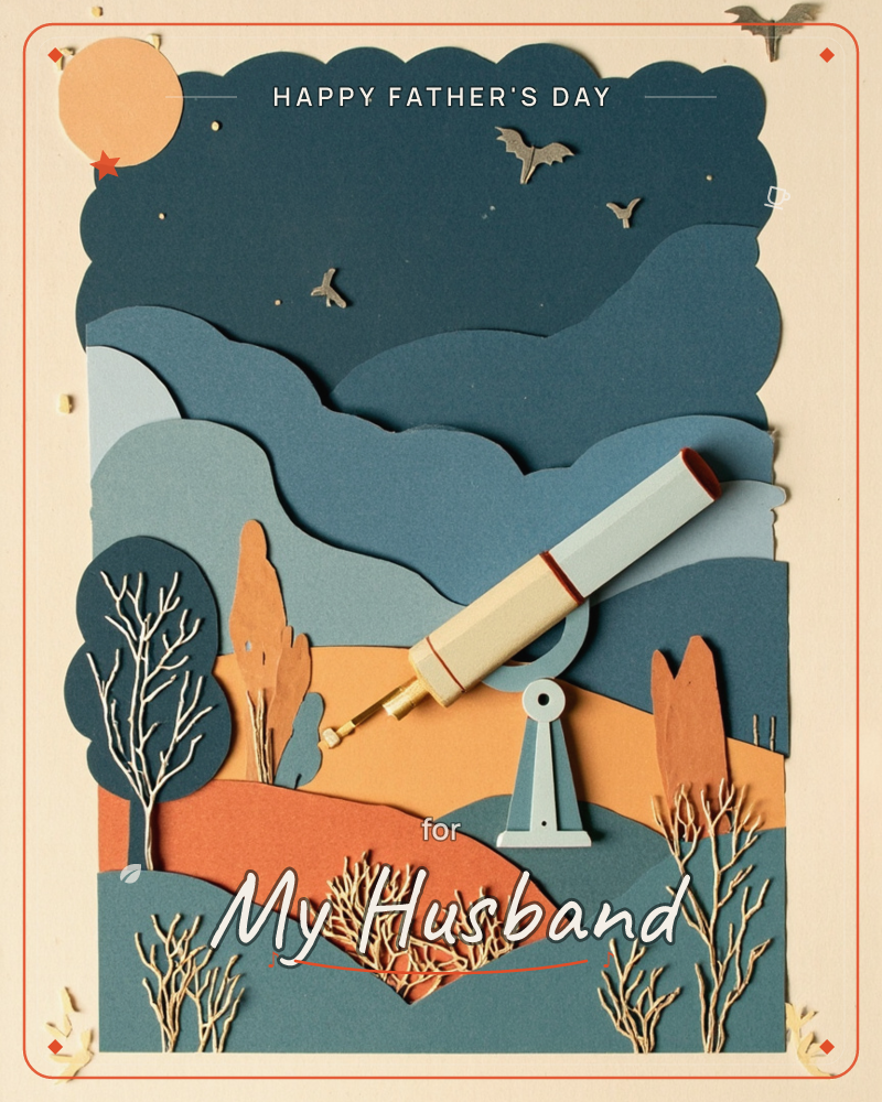 A layered paper-cut illustration shows a cream telescope perched on a hillside beneath a pale moon and a scattering of birds gliding across scalloped…, a fathersday e-card design